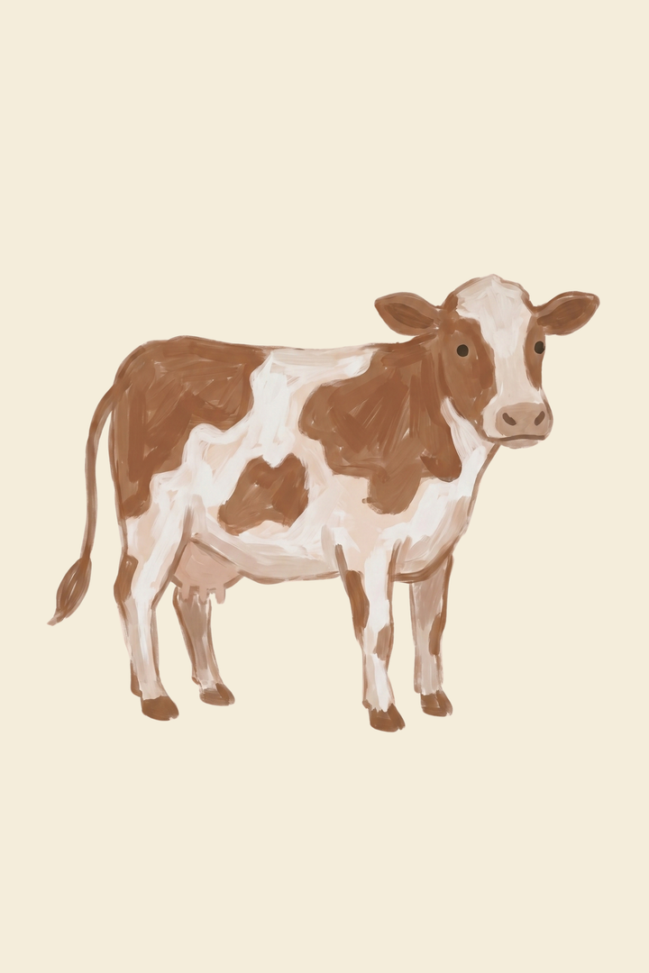 Brown white spotted cow wall art depicts a dairy cow standing against a cream background looking toward the viewer.	ART9160