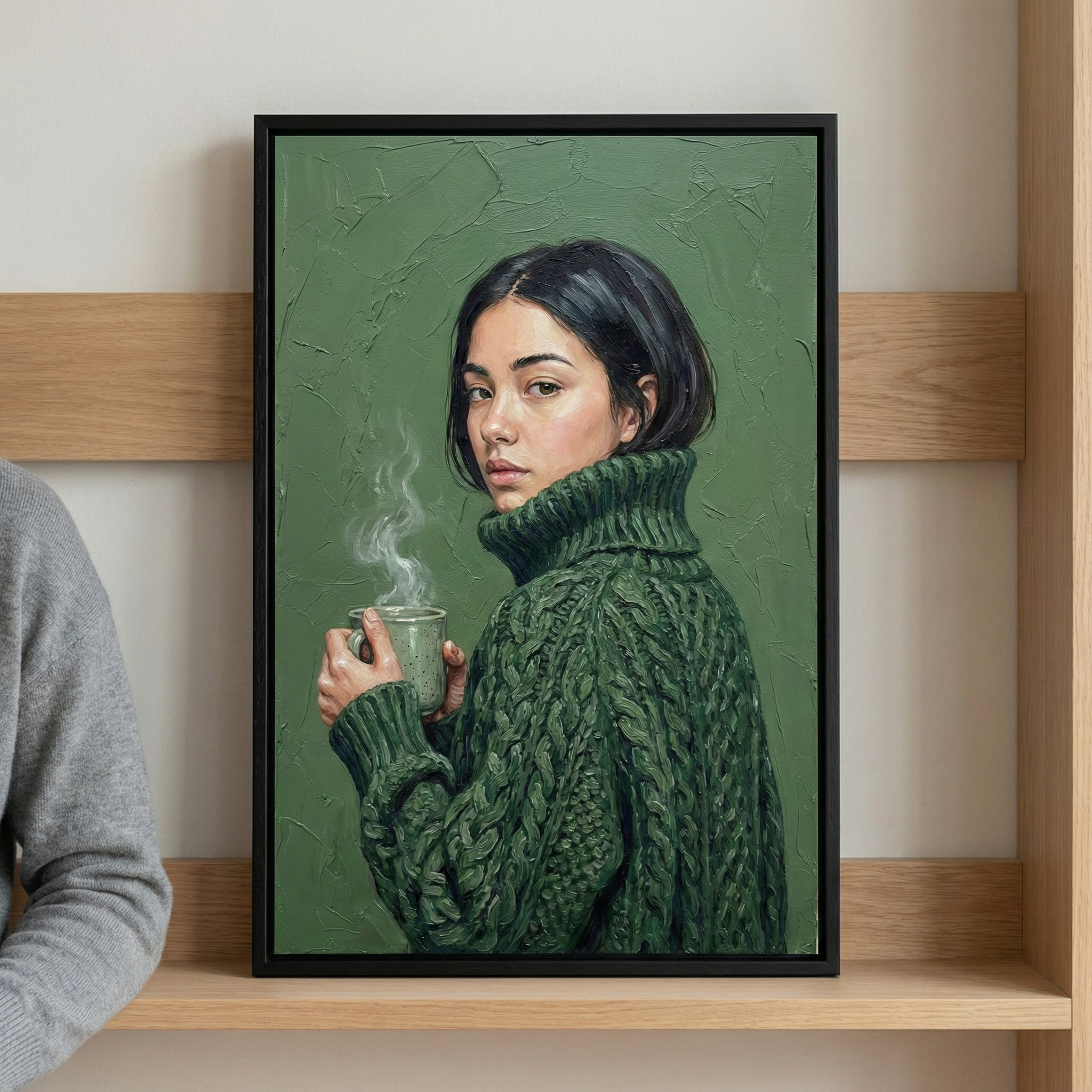 A framed portrait of a woman is displayed on a light-colored wooden shelf. The artwork features a woman with short, dark hair looking thoughtfully over her shoulder. She is dressed in a chunky, dark green cable-knit turtleneck sweater. In her hands, she holds a matching green mug with delicate wisps of steam rising from it. The background is a solid, textured green that harmonizes with her clothing. The black frame contrasts with the piece's rich tones and the warm wood of the shelf.