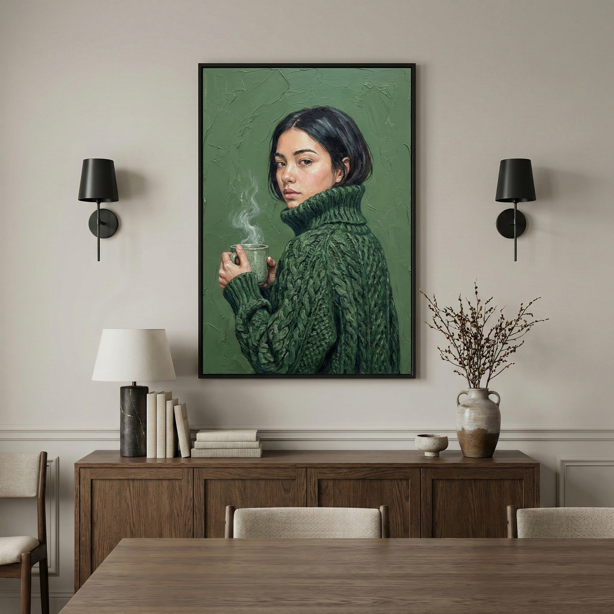 A large framed portrait hangs on a beige wall above a dark wood sideboard. The artwork depicts a woman with dark hair wearing a thick, green cable-knit turtleneck sweater, holding a steaming mug against a textured green backdrop. On the sideboard are several books, a lamp with a white shade, and a ceramic vase with dried branches. Two black wall-mounted lamps flank the portrait. In the foreground, a wooden dining table and the tops of chairs are visible.