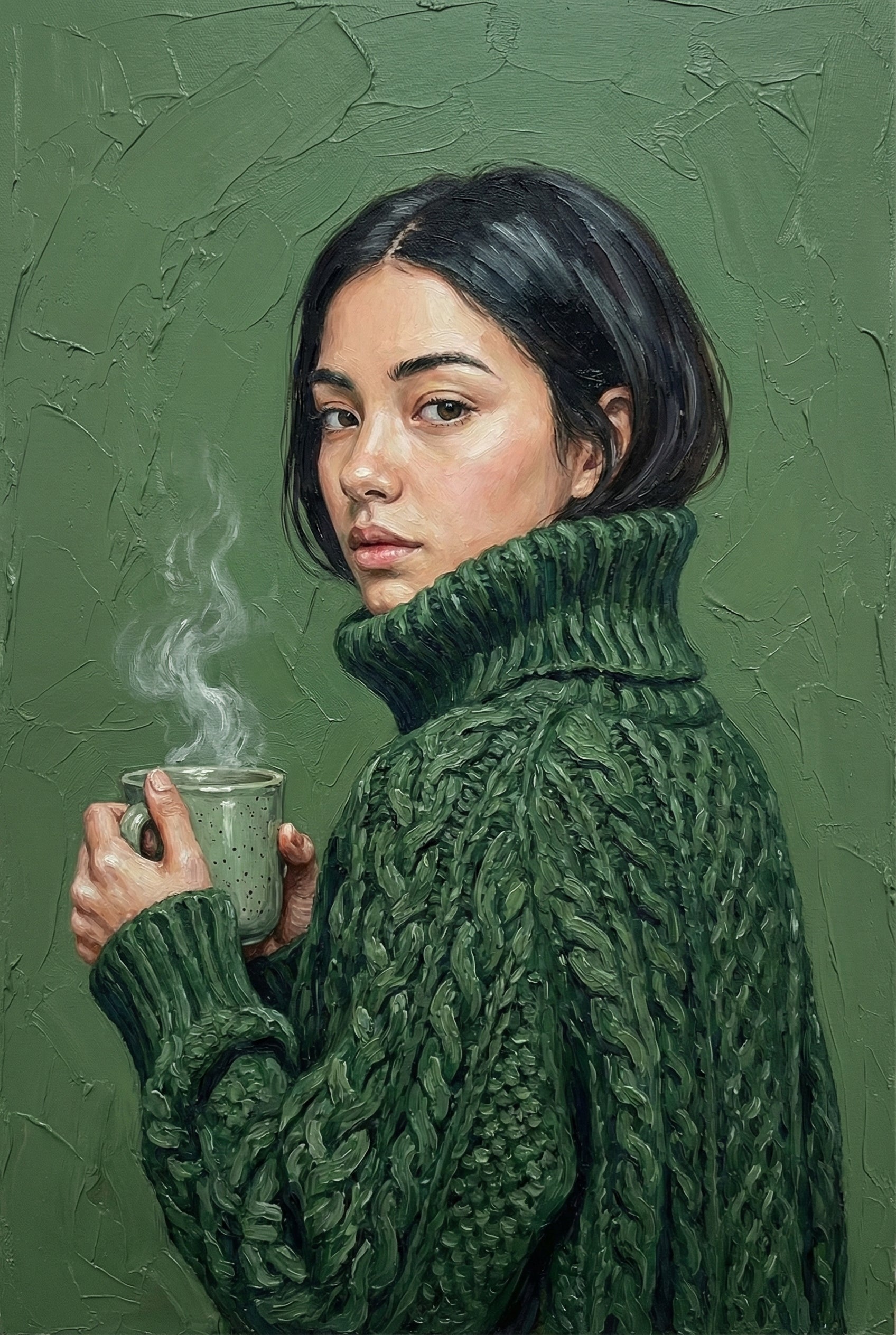 Oil painting of a woman in a thick green cable-knit sweater turning her head to look over her shoulder while holding a steaming green mug against a textured green background.