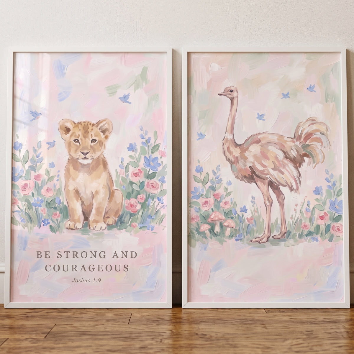 Brushstroke floral safari animals wall art set of 2 featuring a lion cub, an ostrich, and a Joshua 1:9 bible verse.