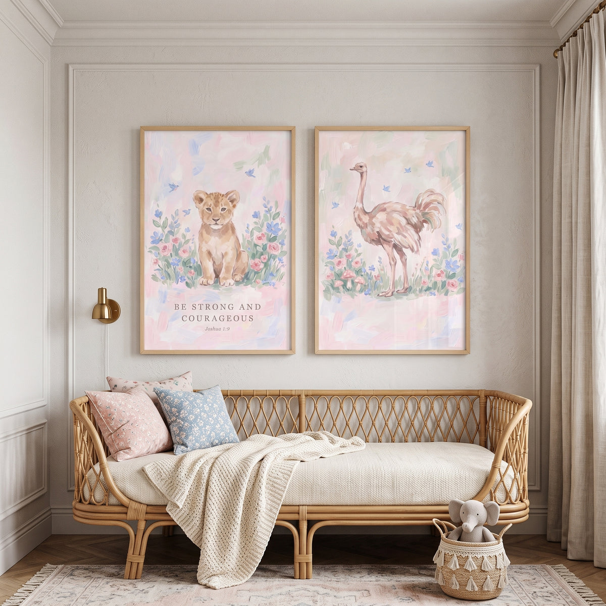 Brushstroke Floral Safari Animals Wall Art Set of 2 - Brave Lion Nursery