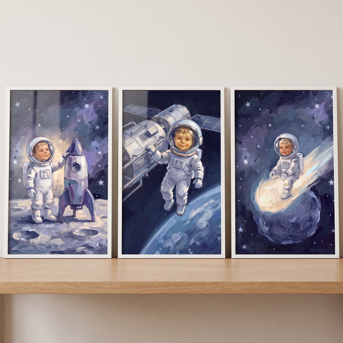 Brushstroke indigo child astronaut wall art set of 3 featuring scenes on the moon, near Earth, and on a comet.