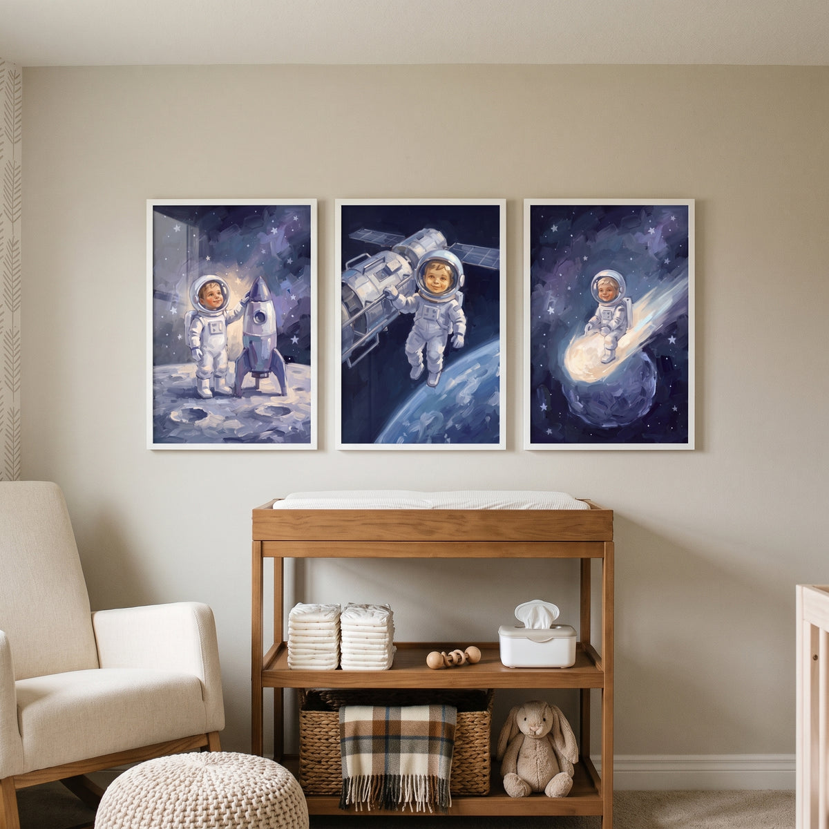 Brushstroke Indigo Child Astronaut Wall Art Set of 3 - Little Space Explorer