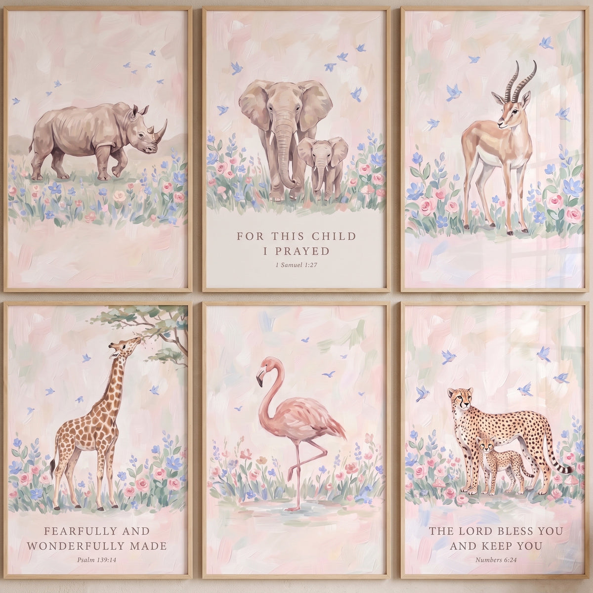 Brushstroke Meadow Safari Animals Wall Art Set of 6 - Nursery Bible Animals