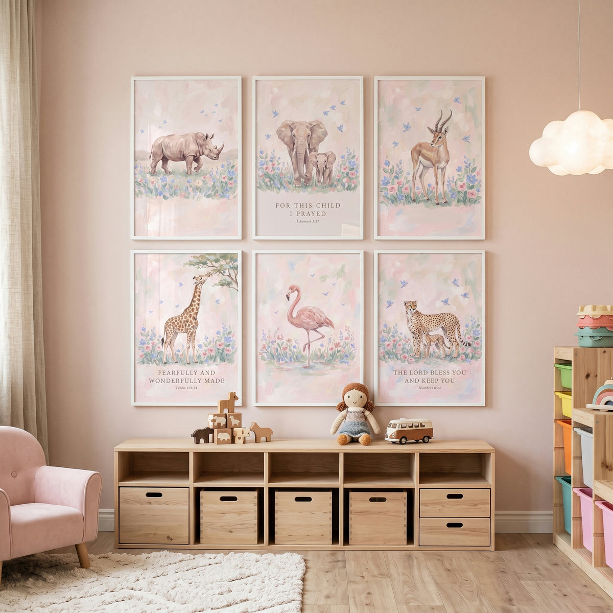 Brushstroke Meadow Safari Animals Wall Art Set of 6 - Nursery Bible Animals