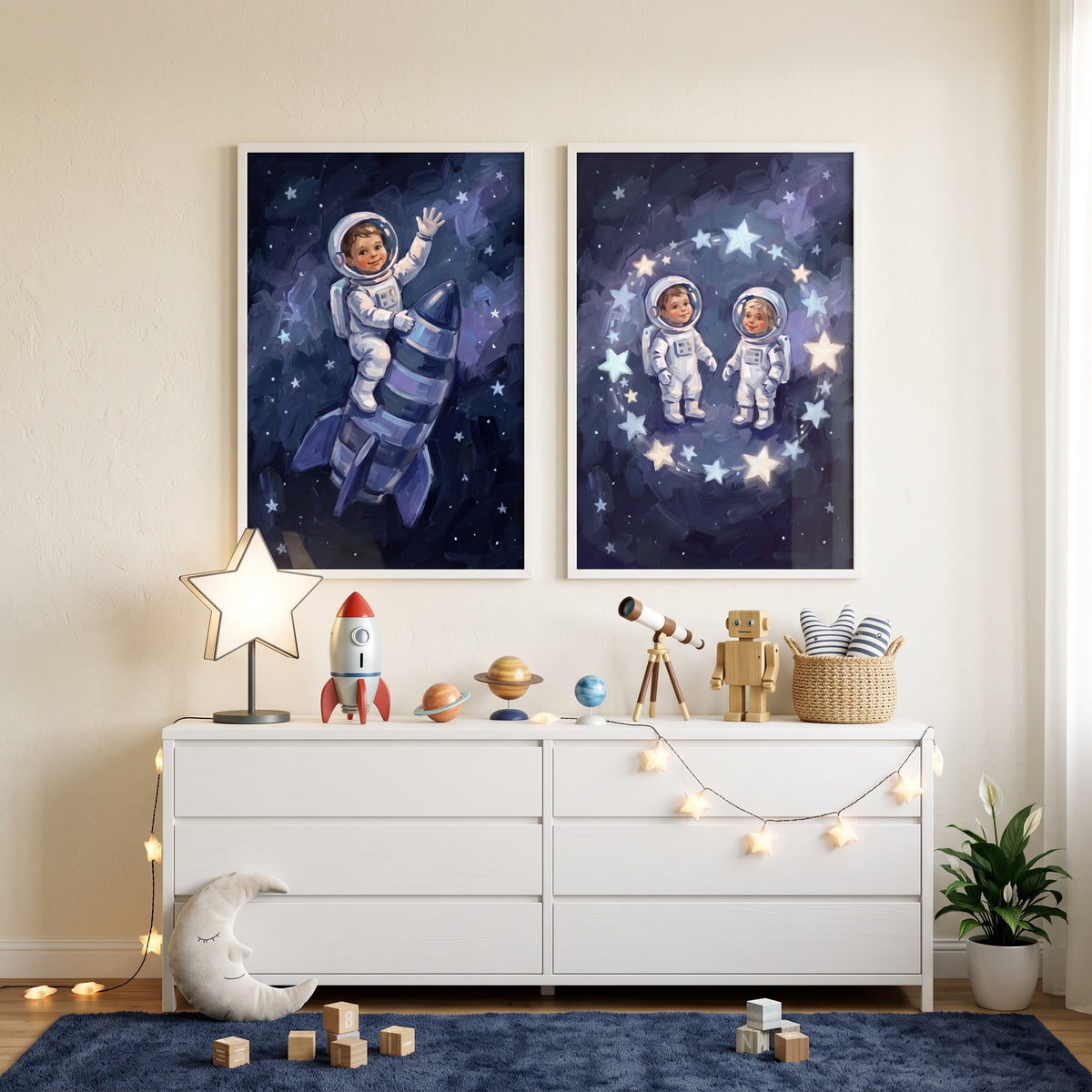 Brushstroke Starry Baby Astronaut Artwork Set of 2 - Cosmic Dreamers