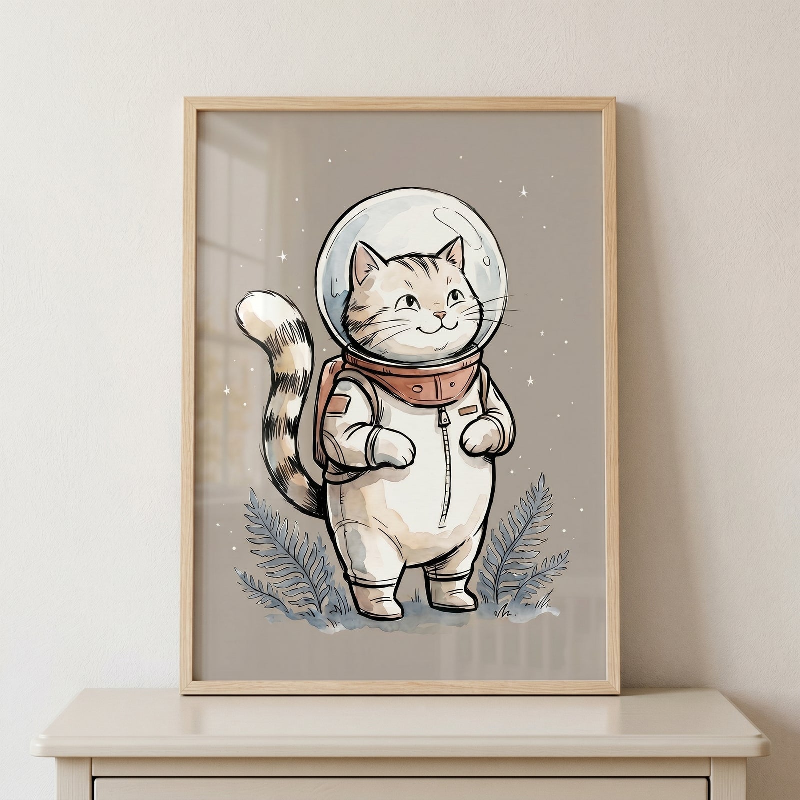 Bubble helmet astronaut cat wall art featuring a smiling tabby in a white spacesuit with stars and plants.
