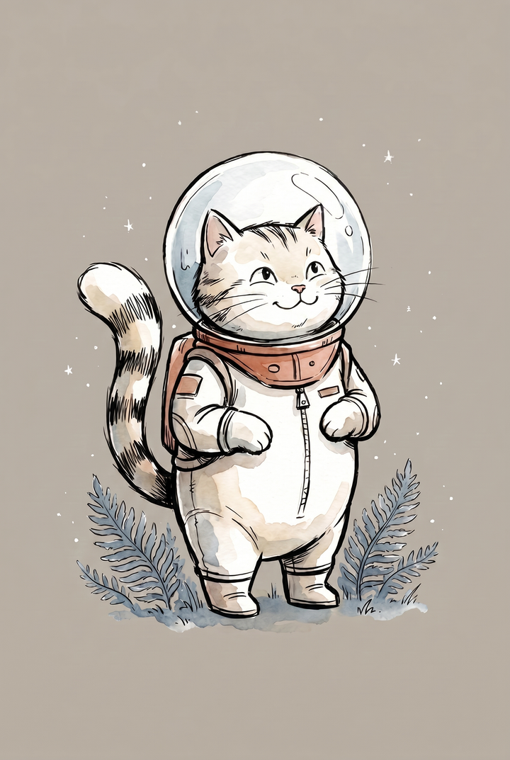 Watercolor bubble helmet astronaut cat wall art standing among blue ferns in a starry space setting.