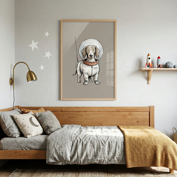 Bubble helmet astronaut dachshund wall art hangs above a wooden bed in a cozy, space-themed child's bedroom.