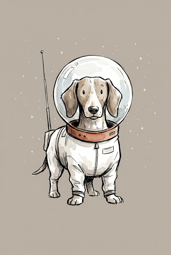 Bubble helmet astronaut dachshund wall art featuring a dog in a spacesuit and antenna against a starry background.