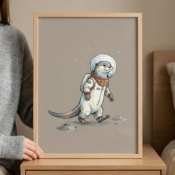 Framed bubble helmet astronaut otter wall art shows a cute otter walking in a spacesuit on a cratered moon surface.