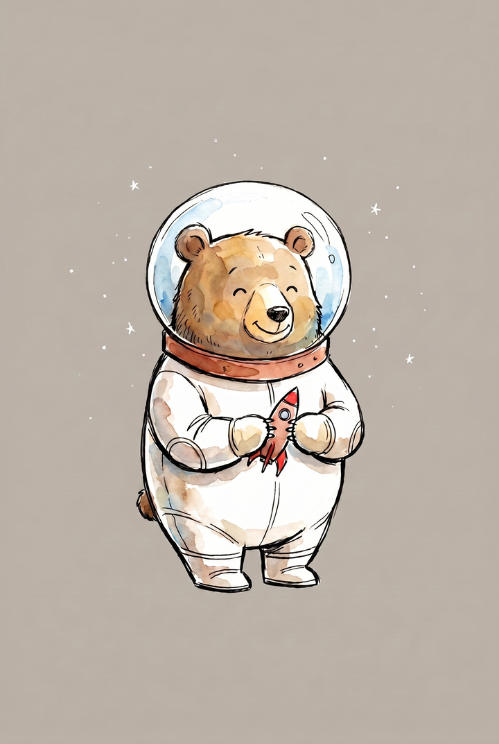 Watercolor bubble helmet space bear wall art depicts a cute brown bear in a spacesuit holding a red toy rocket.
