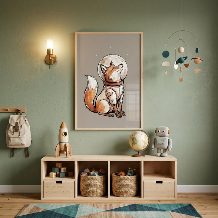 Bubble helmet space fox wall art hangs on a green wall above a wooden toy shelf with a rocket, globe, and robot.