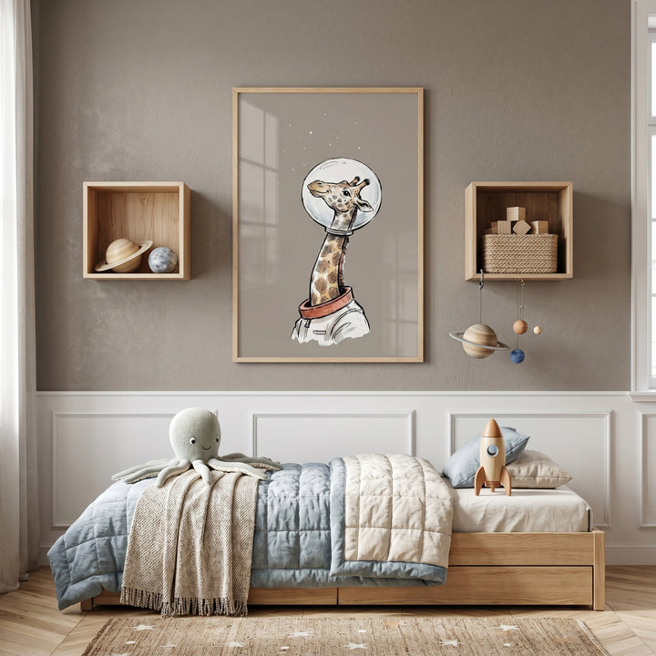 Bubble helmet space giraffe wall art hangs in a child's bedroom with an octopus plush and rocket toy on a wooden bed.