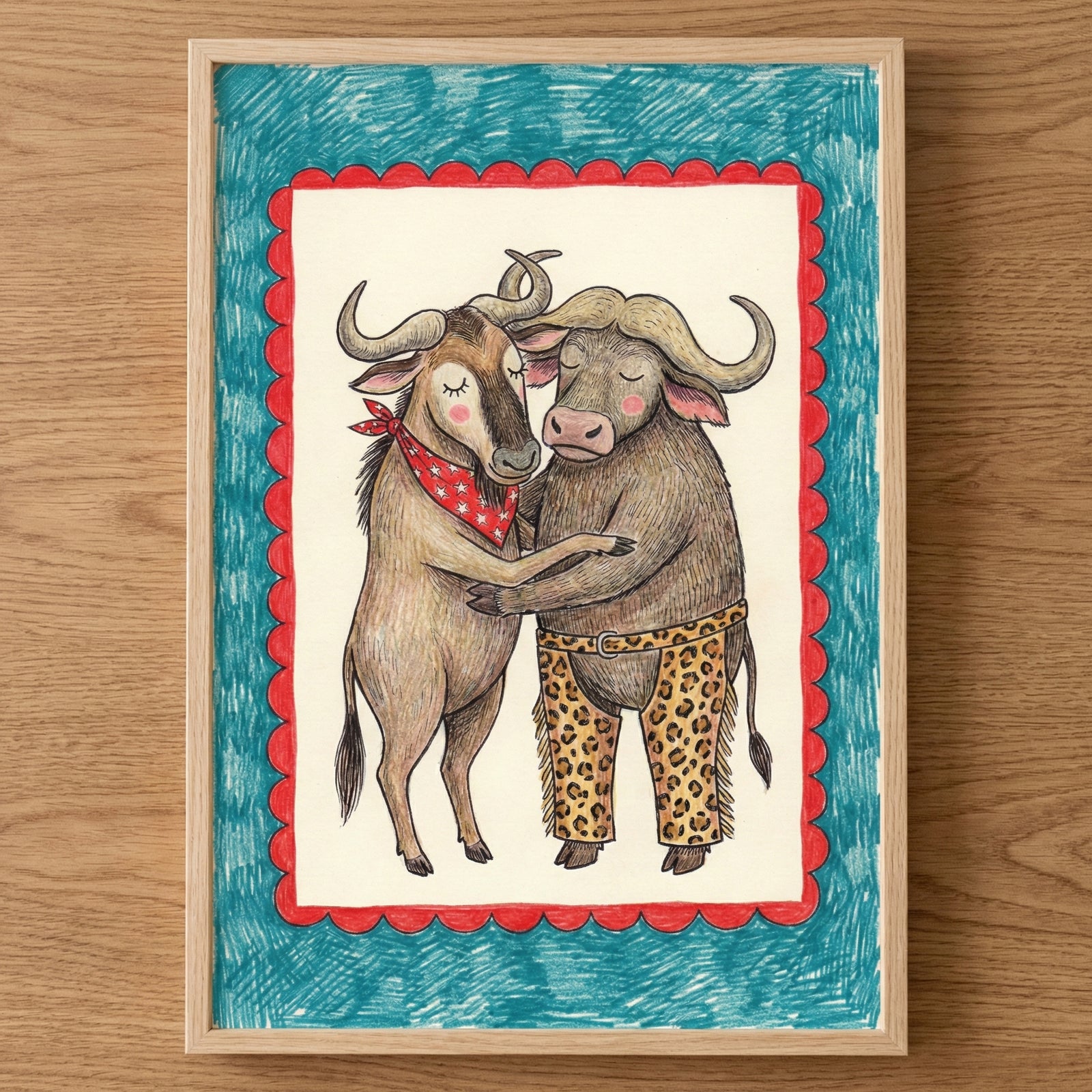 Illustration of a buffalo and a wildebeest hugging affectionately, both standing upright. The buffalo wears leopard-print pants and the wildebeest sports a red bandana with white stars, framed by a scalloped red and blue border.