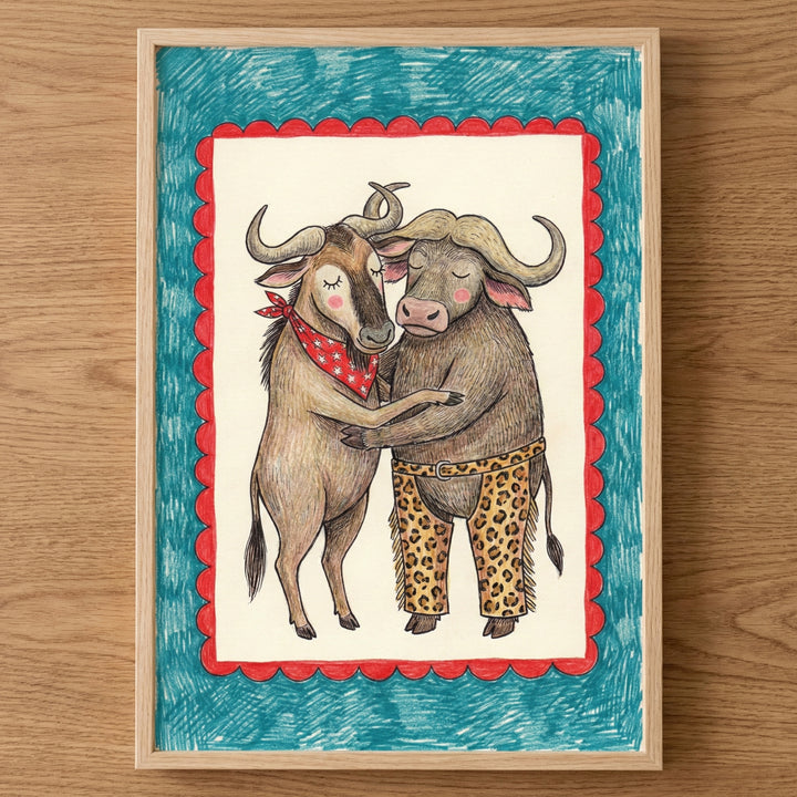 Illustration of a buffalo and a wildebeest hugging affectionately, both standing upright. The buffalo wears leopard-print pants and the wildebeest sports a red bandana with white stars, framed by a scalloped red and blue border.