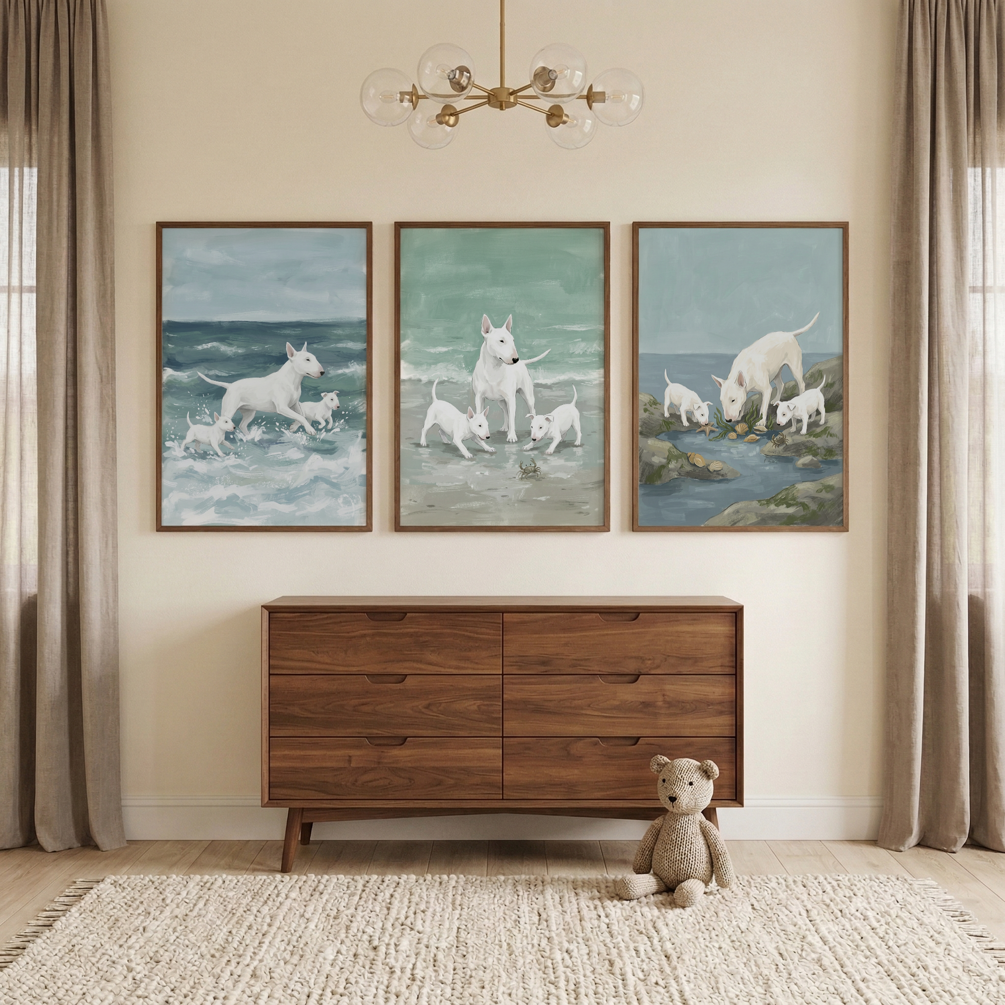 Bull Terrier Triptych Wall Art Set of 3 - Coastal Puppy Play