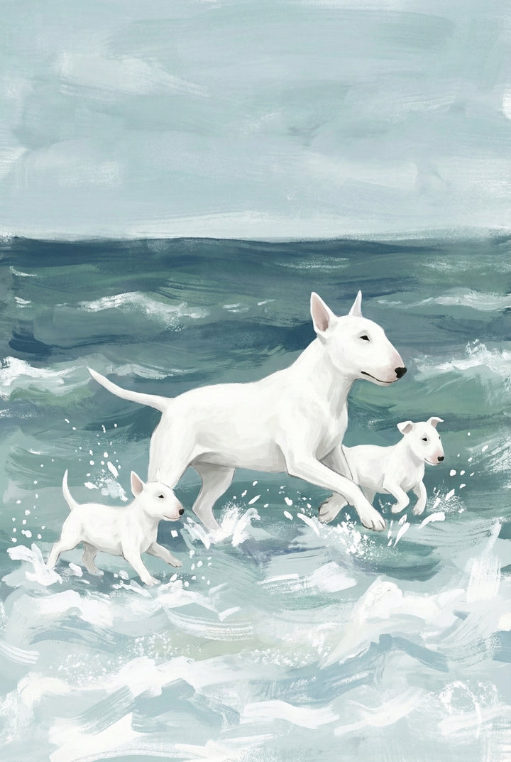 A playful scene of a white bull terrier and two puppies joyfully running through ocean waves, surrounded by seafoam and painted in soft, cool tones.

