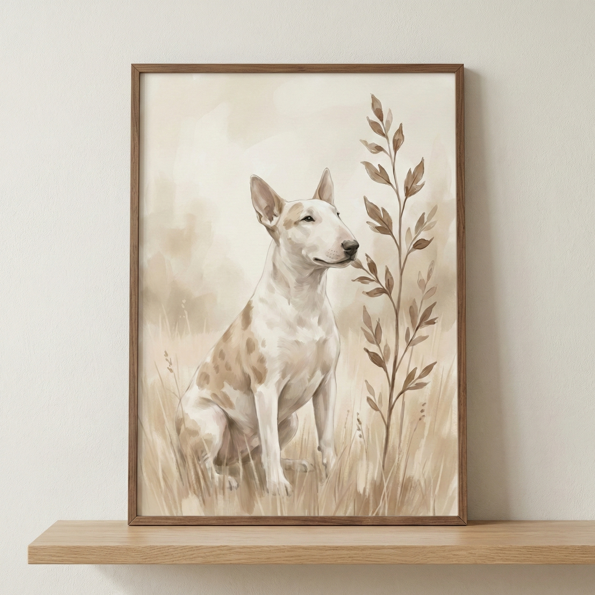 A watercolor-style illustration of a Bull Terrier dog sitting in a field of tall grass. The dog is white with light brown patches and is looking off to the side with a calm expression. Beside the dog is a tall, slender plant with brown leaves. The entire scene is rendered in soft, muted earthy tones of cream and tan. The artwork is shown in a thin dark wood frame, resting on a light-colored wooden shelf against a plain neutral wall.