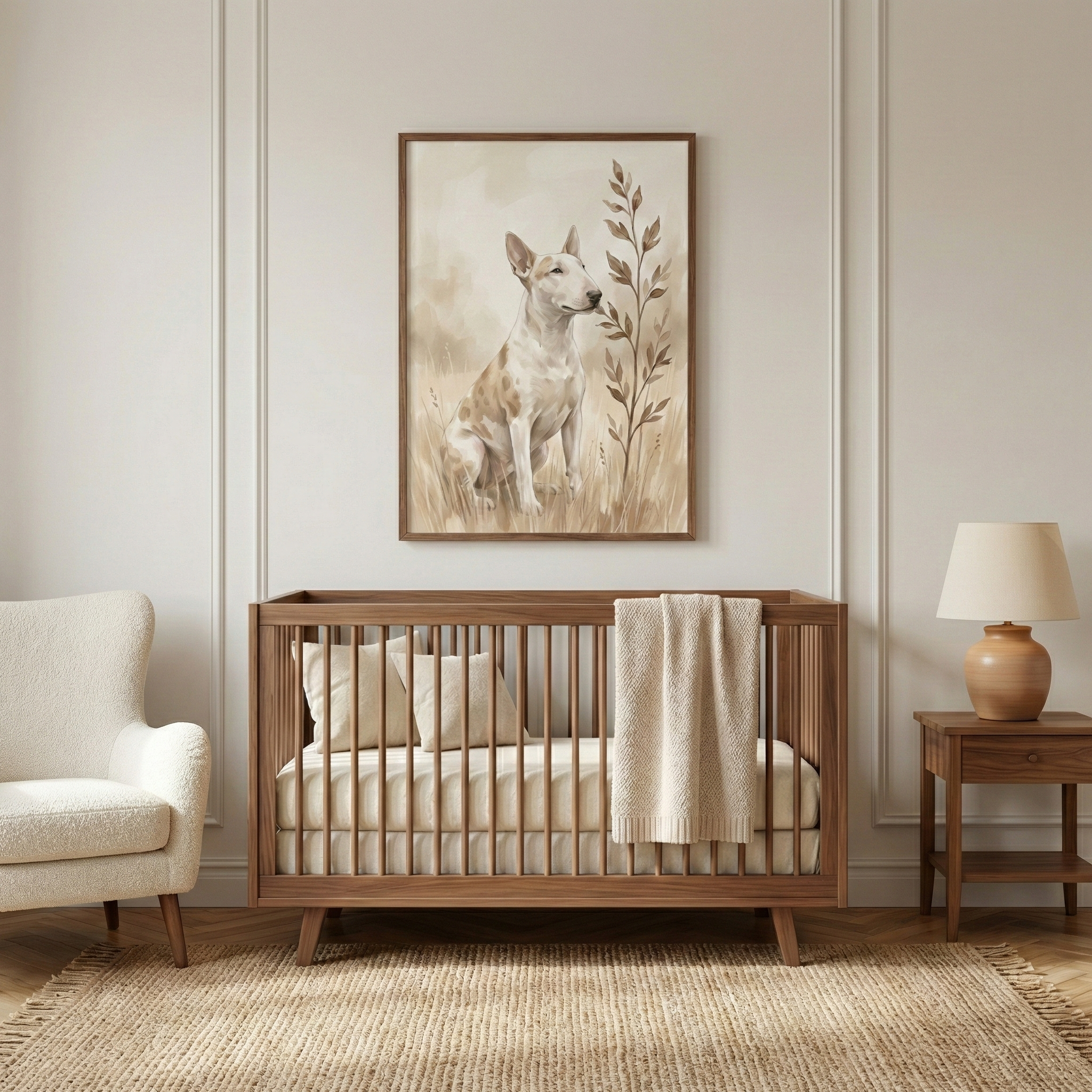 A serene nursery interior is shown, featuring a warm and neutral color palette. Centered in the room is a mid-century modern wooden crib with clean lines and vertical slats. Hanging on the wall above the crib is a large, framed illustration depicting a white and tan spotted bull terrier dog seated in a soft, earth-toned field with tall grass and a delicate botanical sprig. The wall is a light cream color, accented with elegant vertical wall molding.

