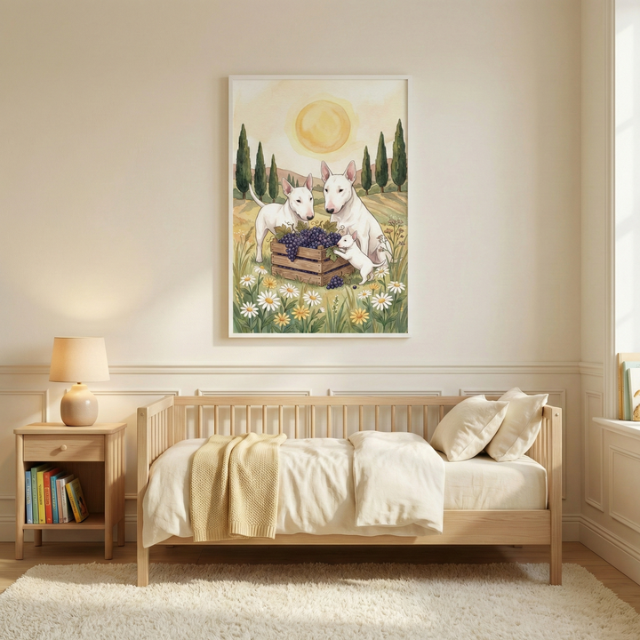 A bright and airy child's room features a light-colored wooden daybed against a cream-colored wall. The bed is made with a white duvet, a folded yellow knit blanket, and two plush white pillows. To the left of the bed is a matching wooden nightstand with a small ceramic lamp that provides a warm glow. The lower shelf of the nightstand is filled with various colorful books. Centered on the wall above the bed is a large, framed vertical illustration. 