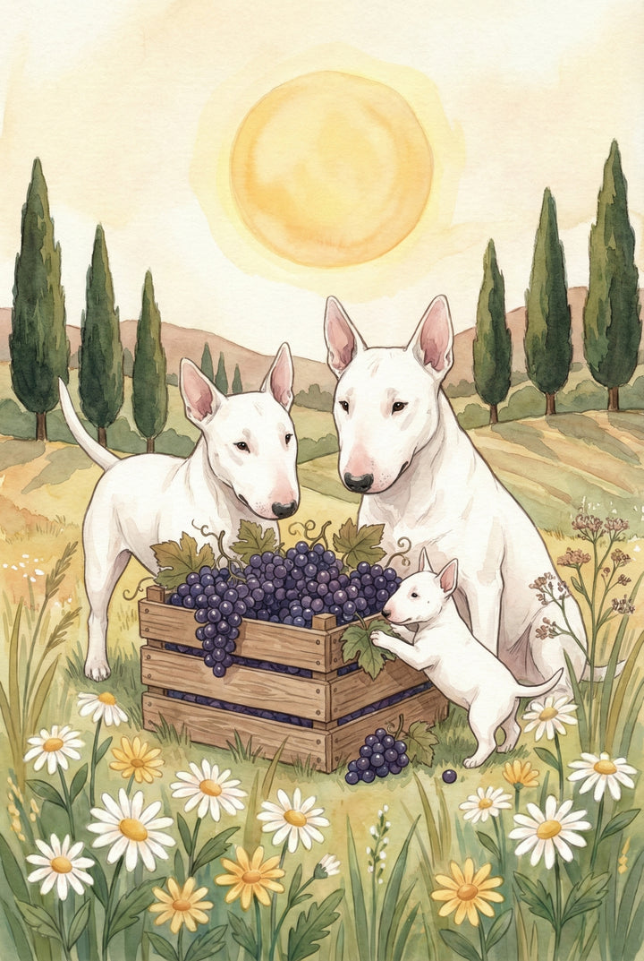 Whimsical watercolor of three white bull terriers surrounding a wooden crate overflowing with purple grapes. The playful puppy reaches into the crate as the sun sets over a Tuscan-style vineyard landscape with tall cypress trees and daisies in the foreground.

