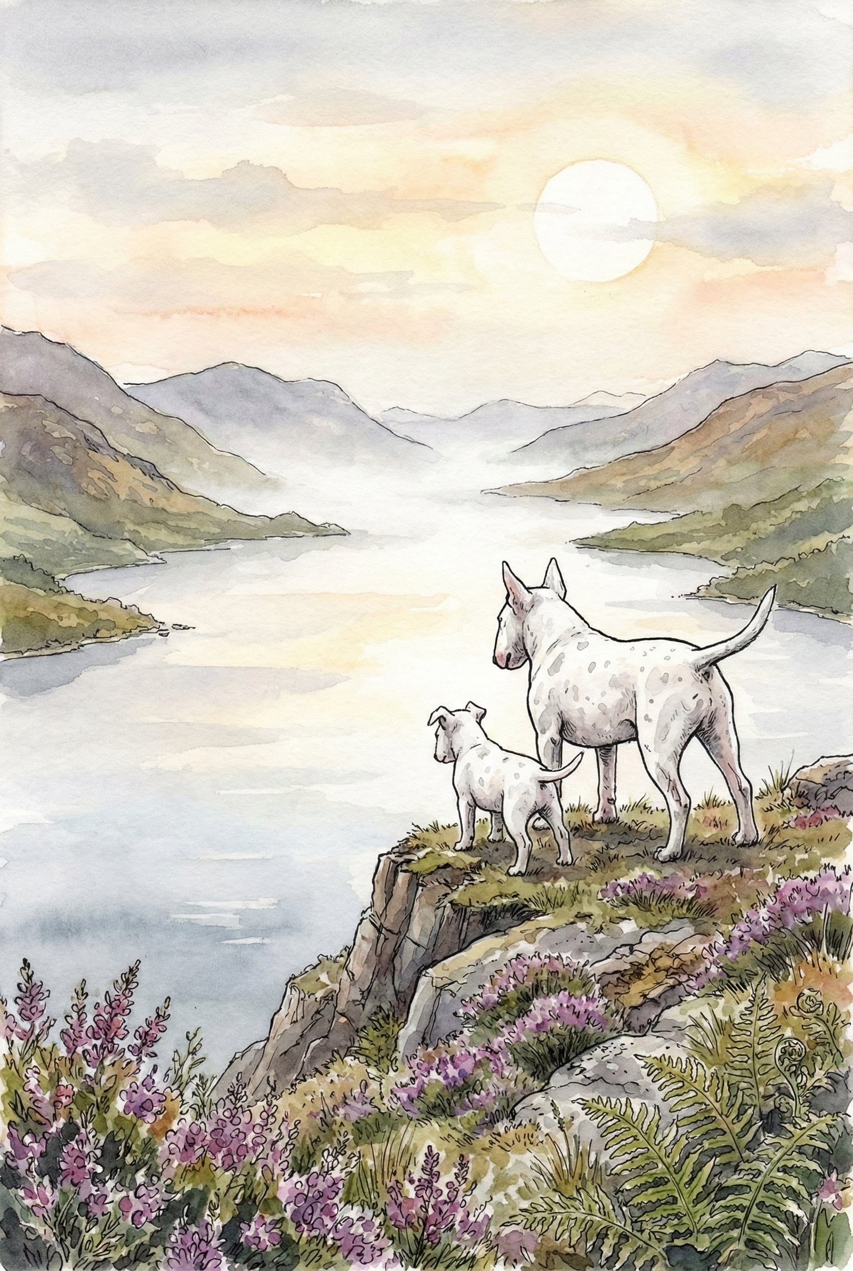 Two white bull terriers stand on a cliff edge, gazing out over a calm, misty lake surrounded by mountain ridges under the soft light of sunrise. Heather and ferns frame the rocky viewpoint in the foreground.
