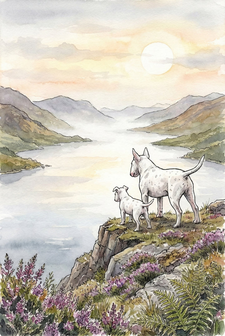 Two white bull terriers stand on a cliff edge, gazing out over a calm, misty lake surrounded by mountain ridges under the soft light of sunrise. Heather and ferns frame the rocky viewpoint in the foreground.
