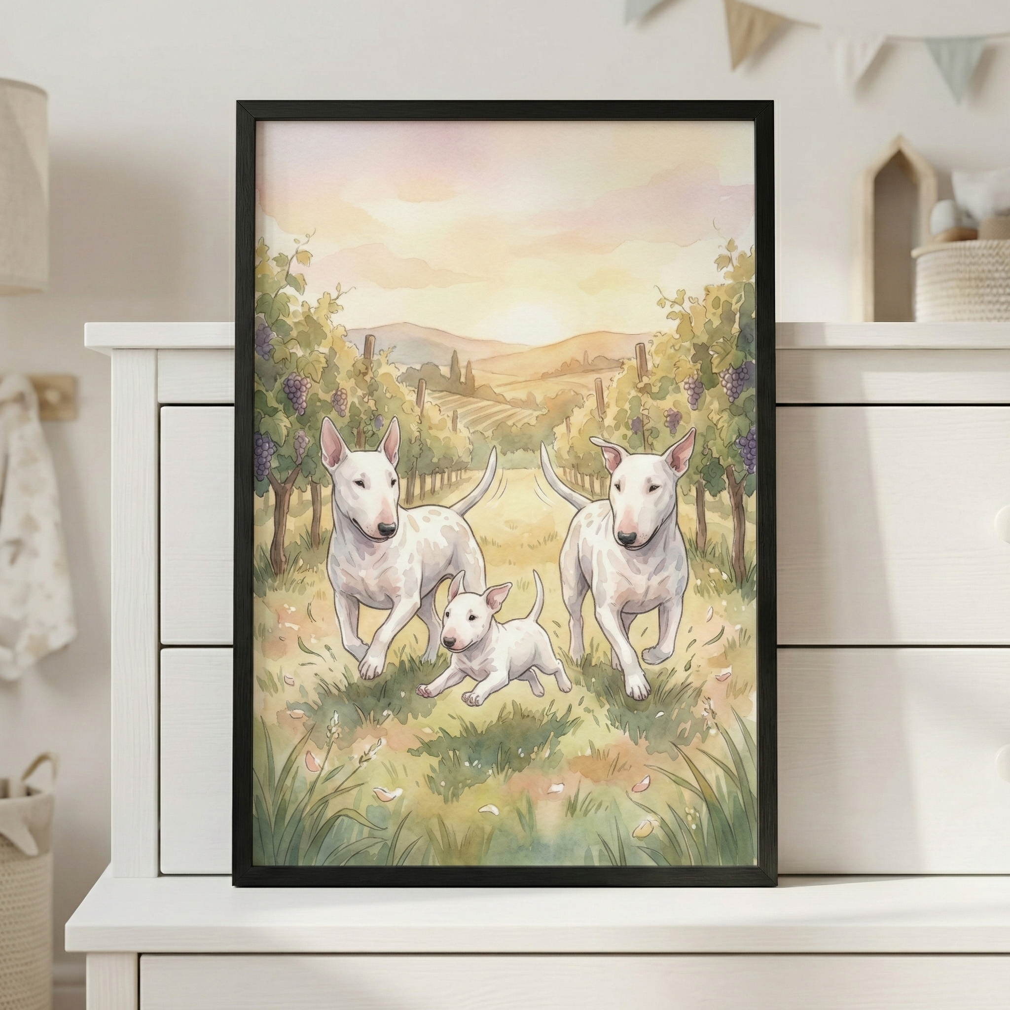 A watercolor illustration in a black frame, showing three white Bull Terriers—two adults and one puppy—running forward through a vineyard. The dogs have characteristic egg-shaped heads and pointed ears. They are on a grassy path lined with grapevines bearing clusters of purple grapes. In the background, rolling hills stretch toward a soft, hazy sunset sky in shades of yellow, pink, and orange. The framed artwork sits atop a white wooden dresser.