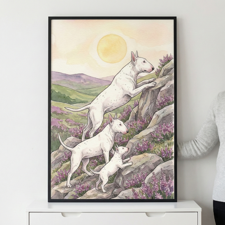 A vertical watercolor-style illustration in a black frame depicts three white dogs with distinctive egg-shaped heads and pointed ears on a rocky hillside. The largest dog at the top reaches its paws up a stone, followed by a medium-sized dog and a small puppy climbing below. They are surrounded by purple flowers blooming among grey rocks. In the background, soft green and purple hills roll beneath a large, pale yellow sun. The framed artwork rests on a white dresser.