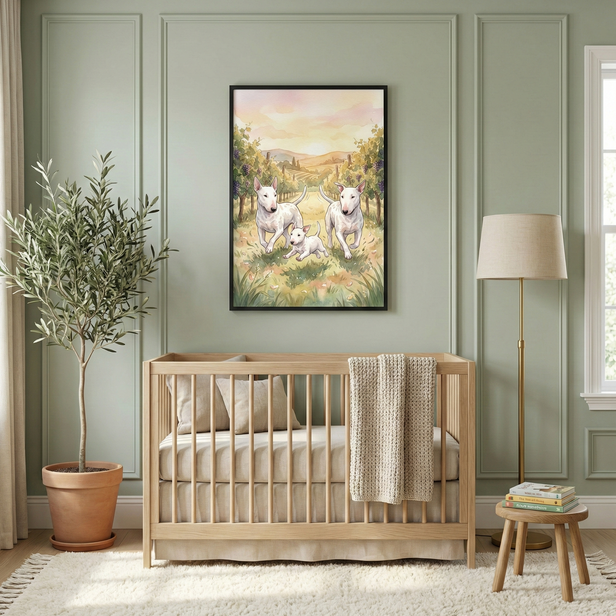 A serene, neutral-toned nursery features a light wood crib against a sage green wall with decorative paneling. Above the crib hangs a black-framed illustration of three white dogs with distinct facial features frolicking in a sunlit meadow. A slender indoor tree in a terracotta pot stands to the left, while a floor lamp and a small wooden stool with books are on the right. A plush white rug covers the floor, contributing to the room's warm and inviting feel.