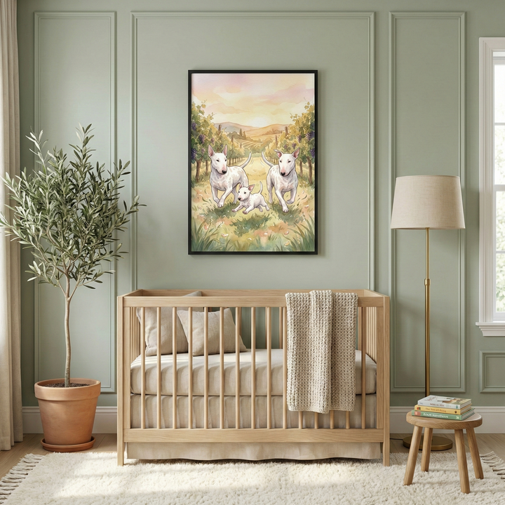 A serene, neutral-toned nursery features a light wood crib against a sage green wall with decorative paneling. Above the crib hangs a black-framed illustration of three white dogs with distinct facial features frolicking in a sunlit meadow. A slender indoor tree in a terracotta pot stands to the left, while a floor lamp and a small wooden stool with books are on the right. A plush white rug covers the floor, contributing to the room's warm and inviting feel.