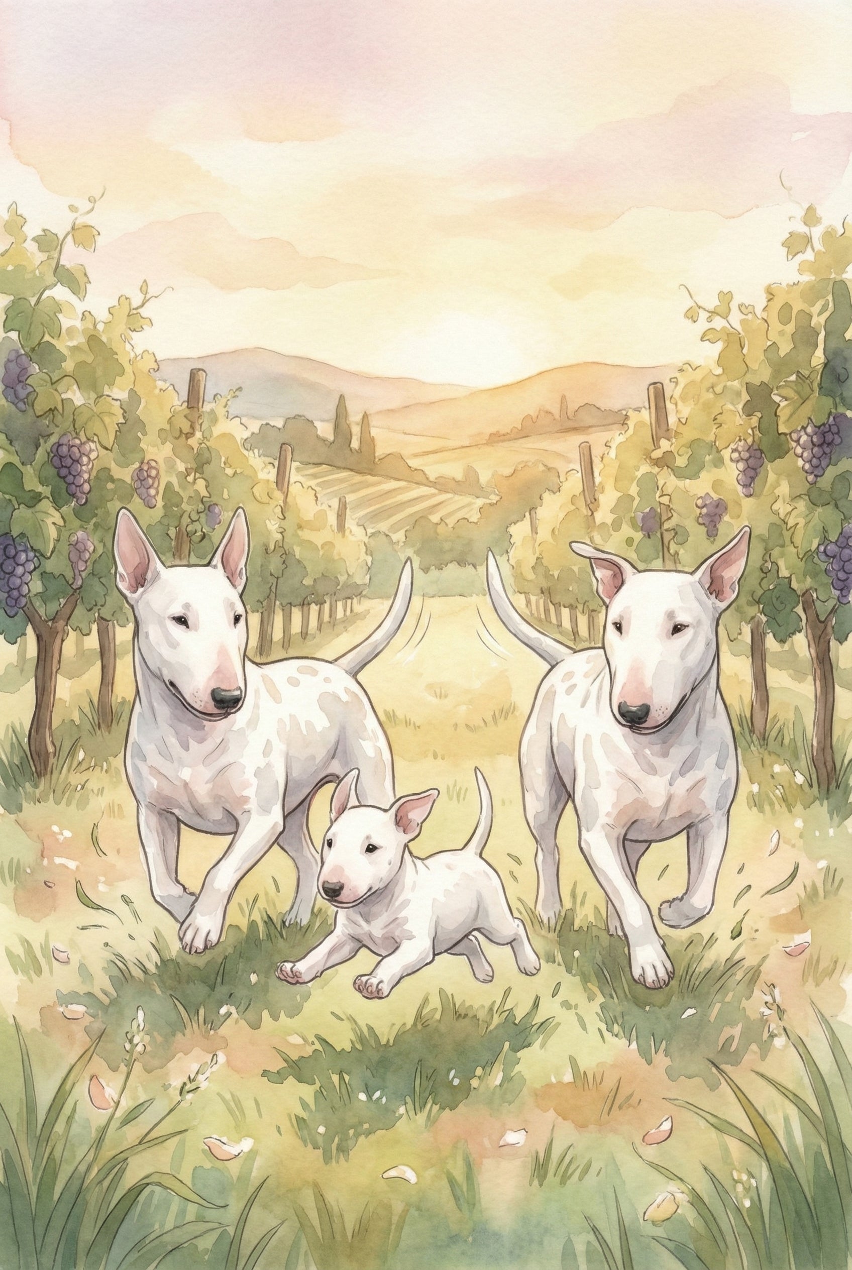 Two adult bull terriers and a puppy joyfully run down a vineyard row, flanked by grapevines heavy with fruit. The golden-hour light and rolling hills create a soft, pastoral atmosphere.

