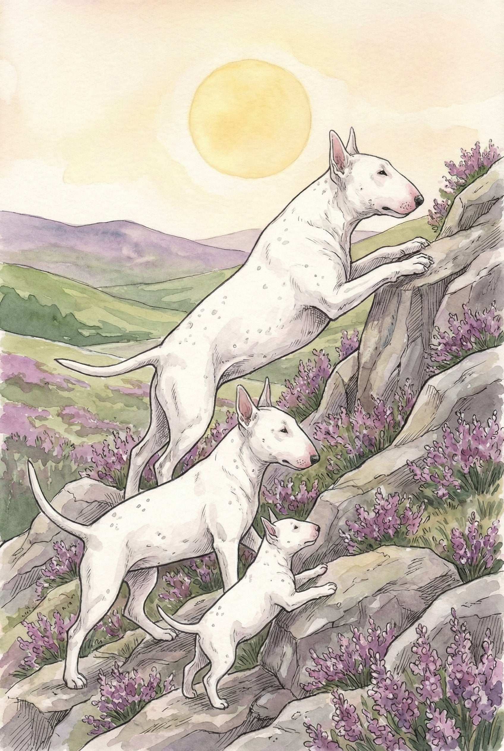 Bull Terrier Family Watercolor Illustration Wall Art - White Terrier Trio