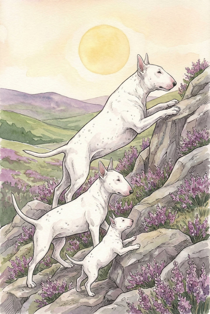 Three white bull terriers climb a rocky hillside covered in purple heather under a glowing golden sun. The lead dog looks upward with determination while the puppy follows closely behind, capturing a sense of adventure.
