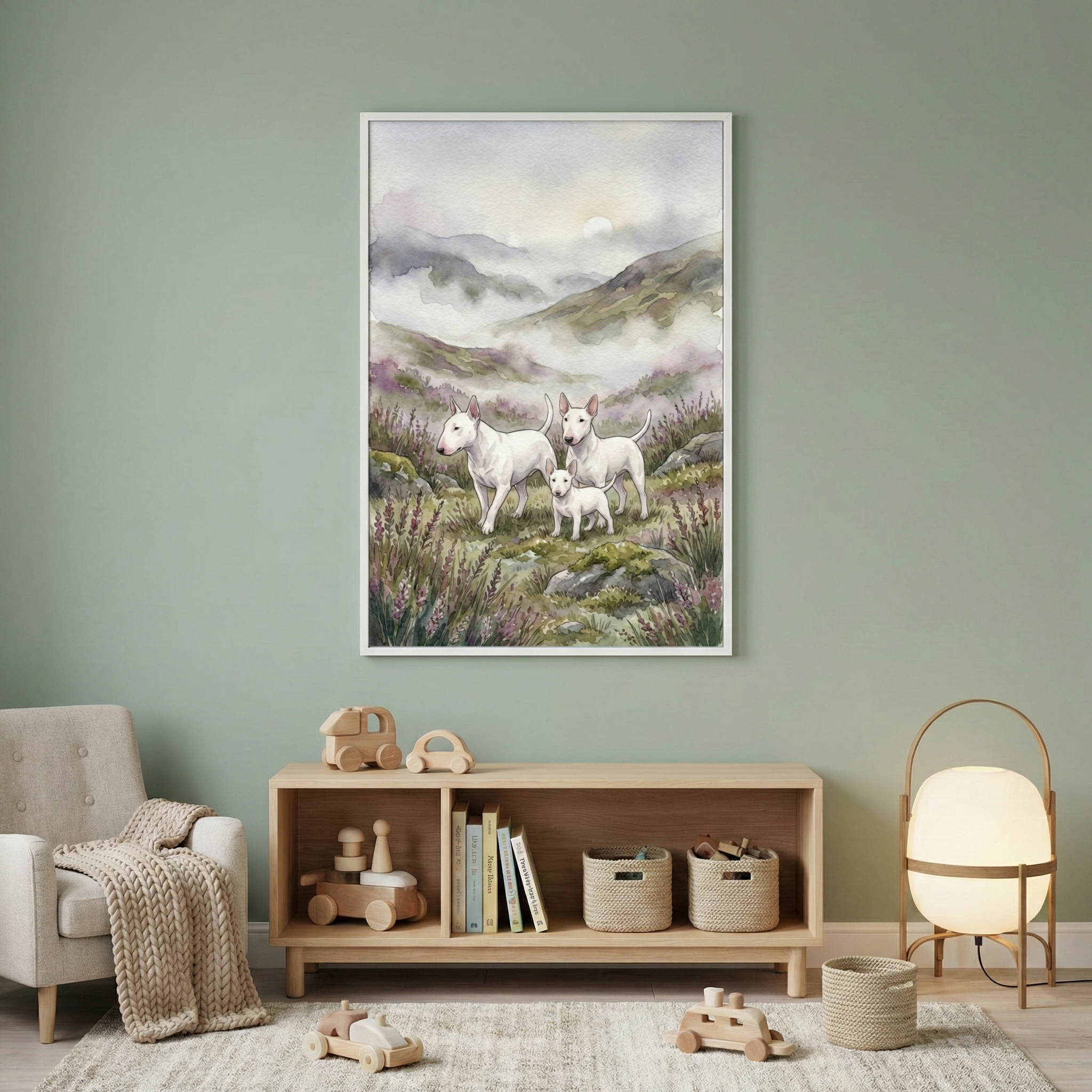 A framed artwork hangs on a light green wall in a minimalist nursery. The image depicts a family of three white terrier-like dogs, including two adults and a puppy, in a soft-hued, mountainous landscape under a misty sky with rolling hills and purple wildflowers. Beneath the artwork is a light-colored wooden shelving unit holding several wooden toy cars, a few books, and two small woven storage bins. 