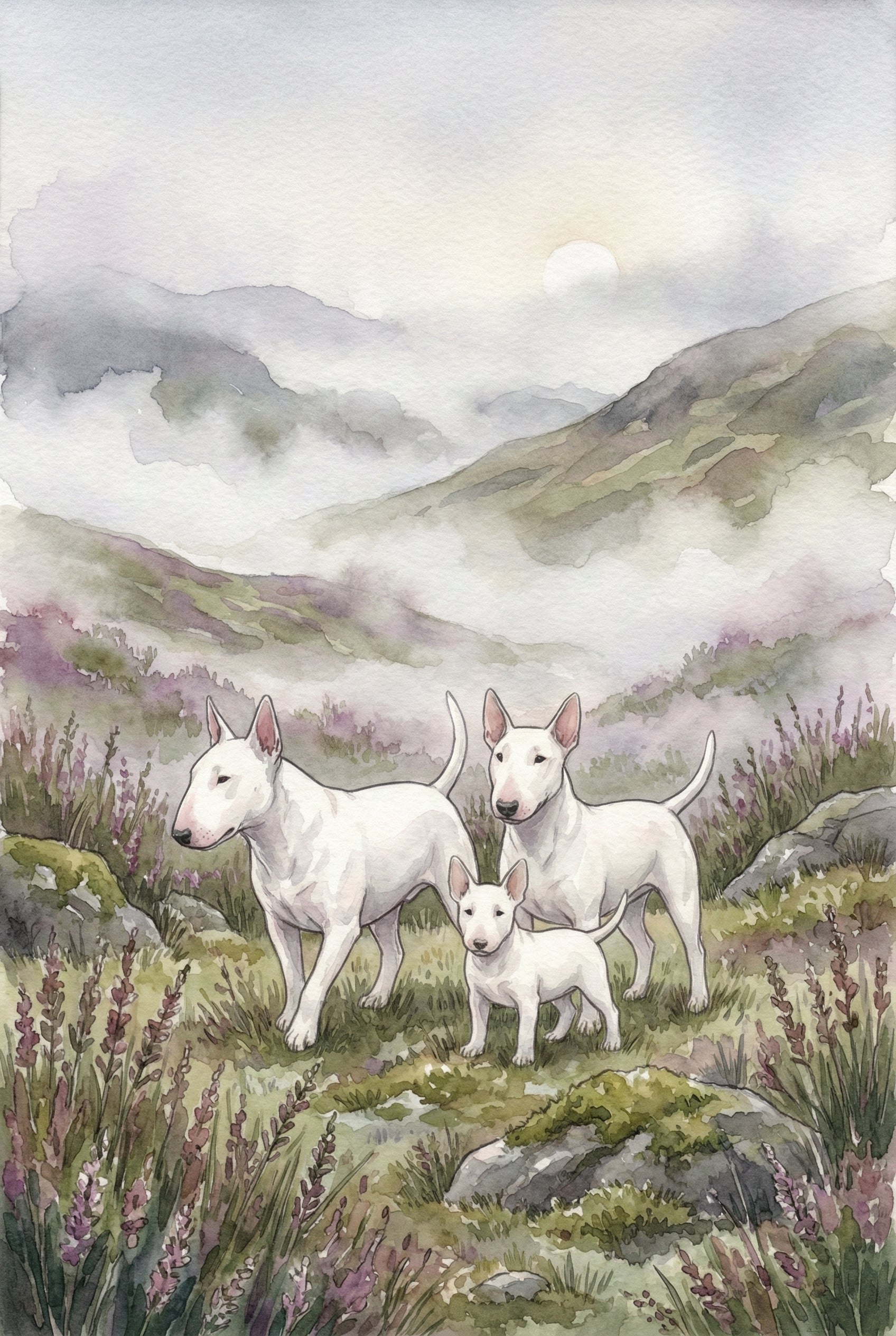 A bull terrier family stands among lavender blooms on a misty mountainside. Soft fog rolls through the valley as the sun rises gently in the background, evoking a peaceful, early dawn atmosphere.
