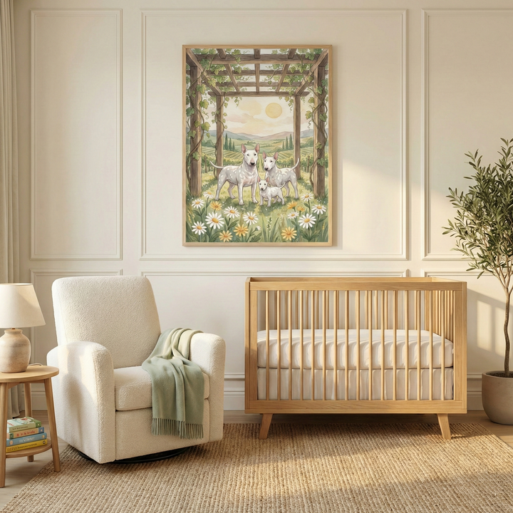 A serene, sunlit nursery with light-colored wooden furniture and a neutral color scheme. A light-toned wooden crib sits next to a plush white armchair draped with a soft green blanket. On the wall above is a large framed piece of art showing a family of three white dogs in a meadow of daisies beneath a wooden pergola, with rolling hills in the background. A textured rug, a small side table with a lamp, and a potted plant complete the warm and cozy room.