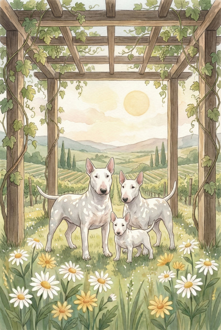 Bull terrier family of three stands beneath a rustic wooden pergola draped in vines, looking outward over a vineyard landscape at sunset. Daisies and yellow wildflowers fill the foreground, adding a charming countryside feel.
