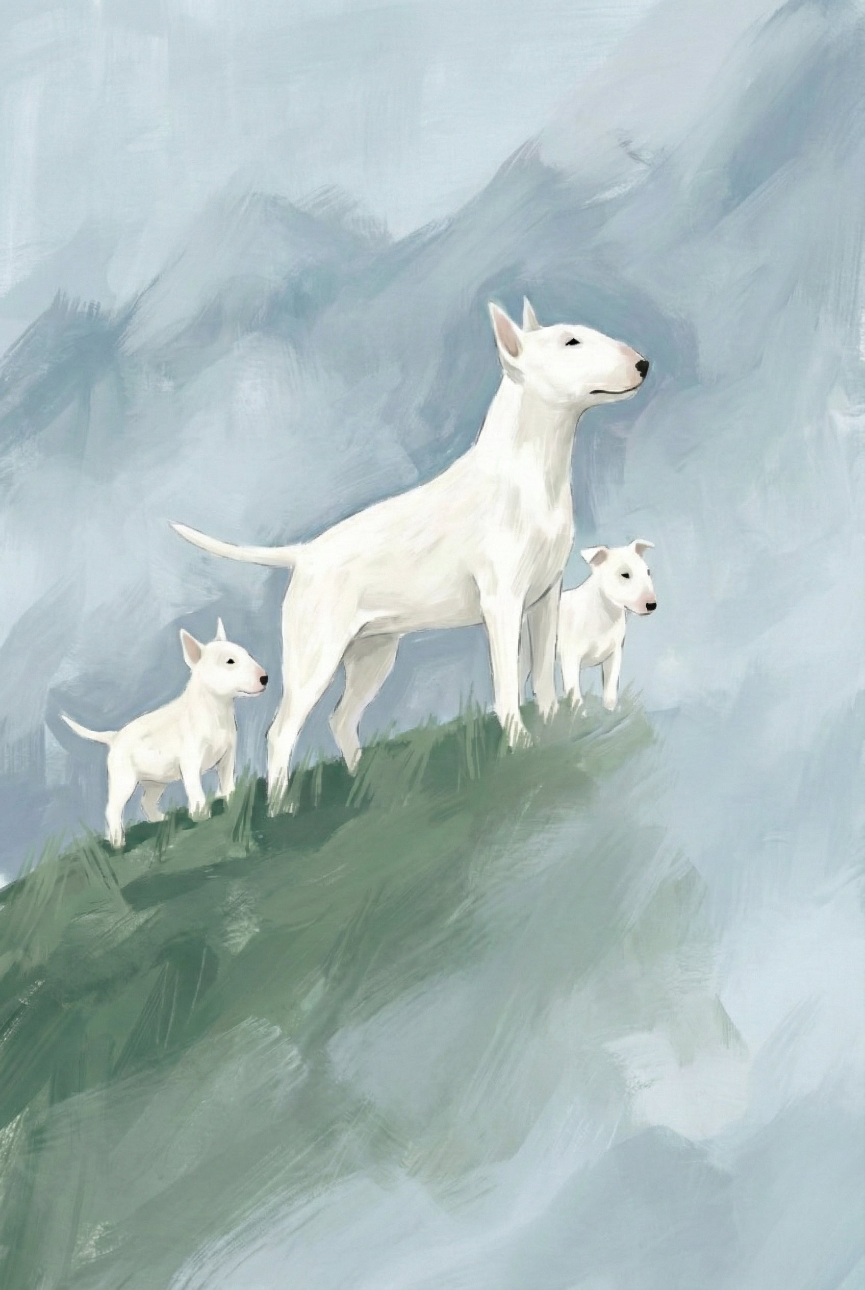 Minimalist-style painting of a bull terrier family standing on a grassy slope against a moody, blue-toned mountainous backdrop. The adult dog leads with alert posture while the puppies follow closely behind.

