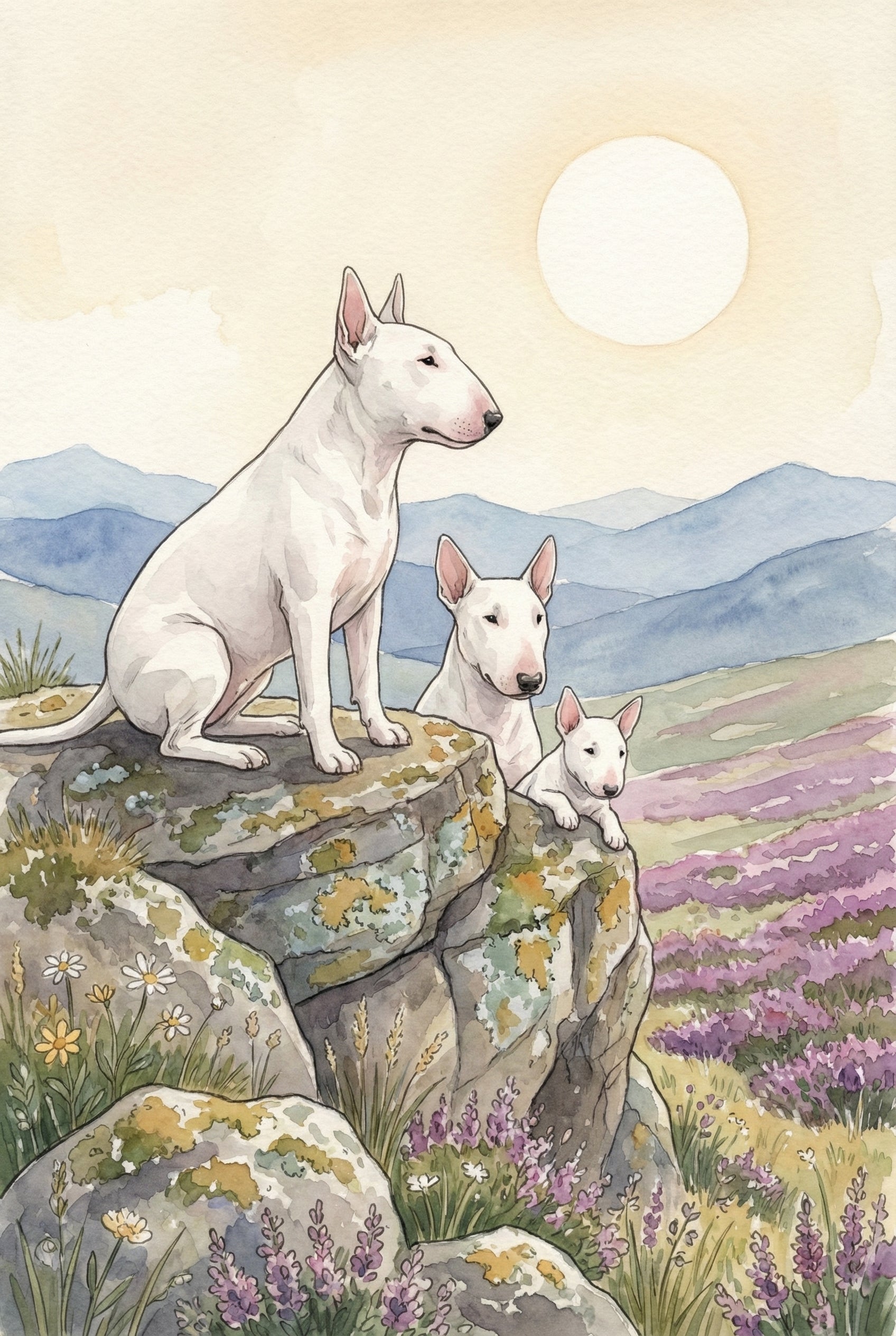 Three bull terriers sit proudly on a rocky ledge, overlooking vast rolling hills blanketed in purple heather. The large glowing sun casts warm light across the distant blue mountains, adding a sense of quiet strength.

