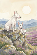 Three bull terriers sit proudly on a rocky ledge, overlooking vast rolling hills blanketed in purple heather. The large glowing sun casts warm light across the distant blue mountains, adding a sense of quiet strength.

