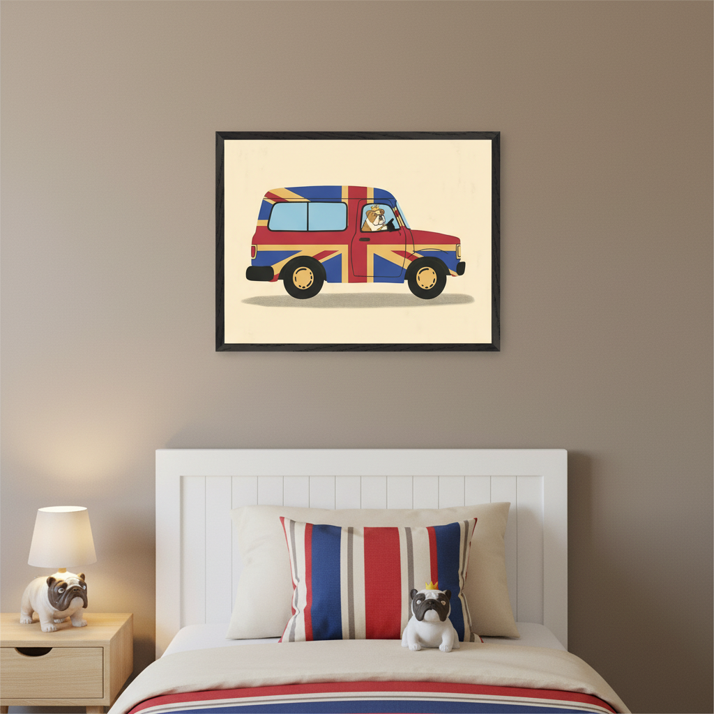 Kid's bedroom with a white headboard and bed. A wooden nightstand with a bulldog lamp is to the left. A framed cartoon print of a bulldog driving a Union Jack truck hangs centered above the bed.