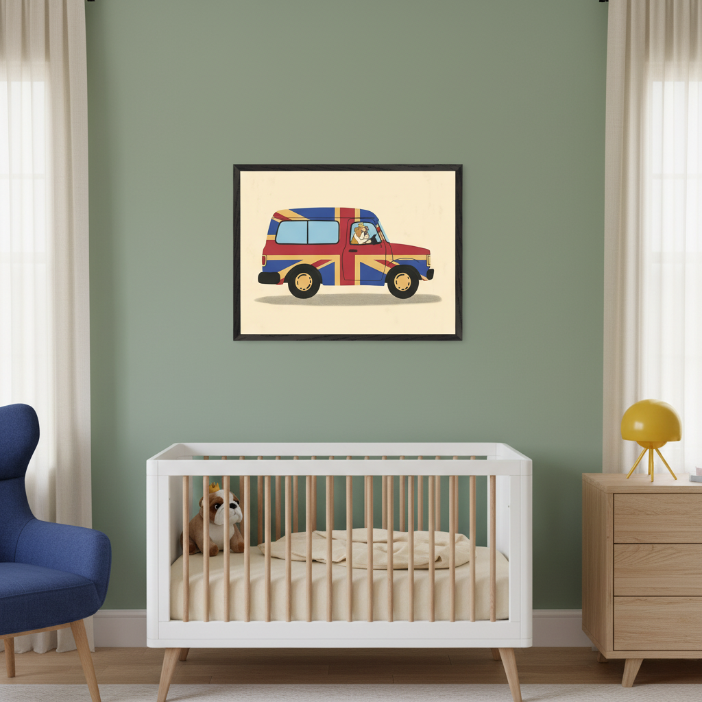 Modern nursery with a white crib, blue armchair, and wooden dresser. A black-framed cartoon print hangs centered above the crib, showing a bulldog driving a truck decorated like a Union Jack flag.

