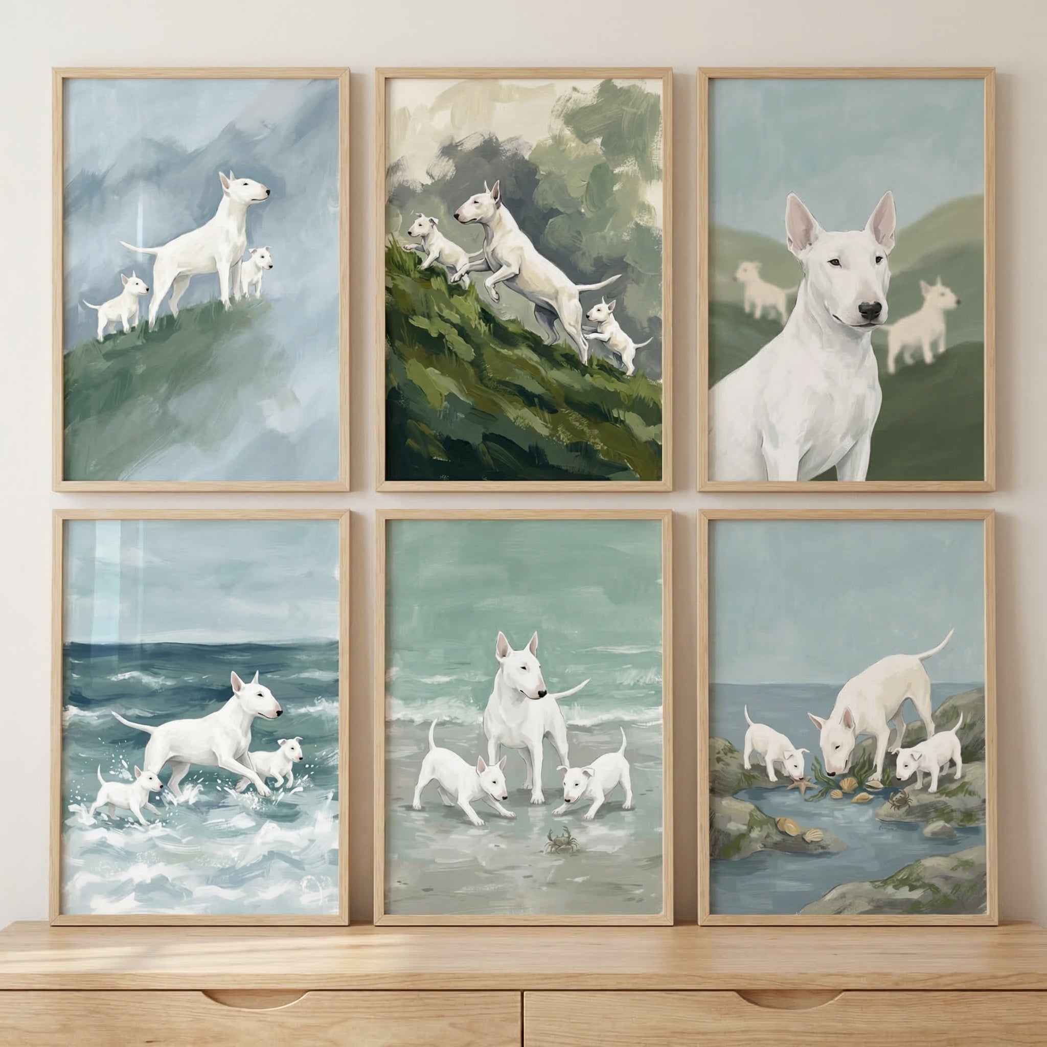 Bull Terrier Wall Art Set of 6 - White Terrier Adventures