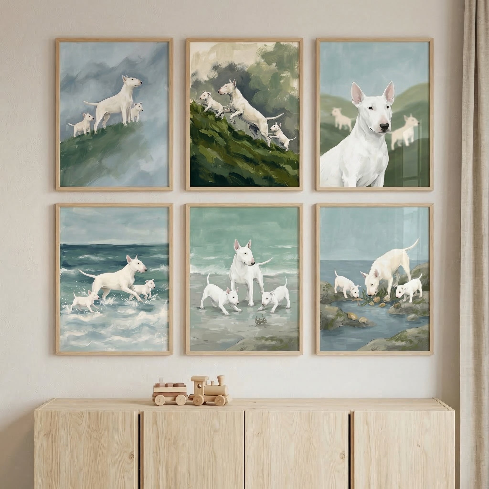 Bull Terrier Wall Art Set of 6 - White Terrier Adventures