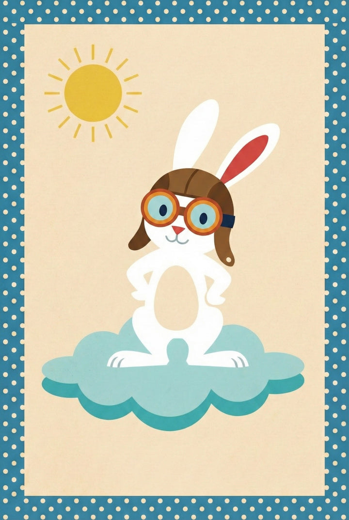 A white bunny with a pilot helmet and orange goggles strikes a heroic pose while standing on a puffy blue cloud with the sun shining overhead.

