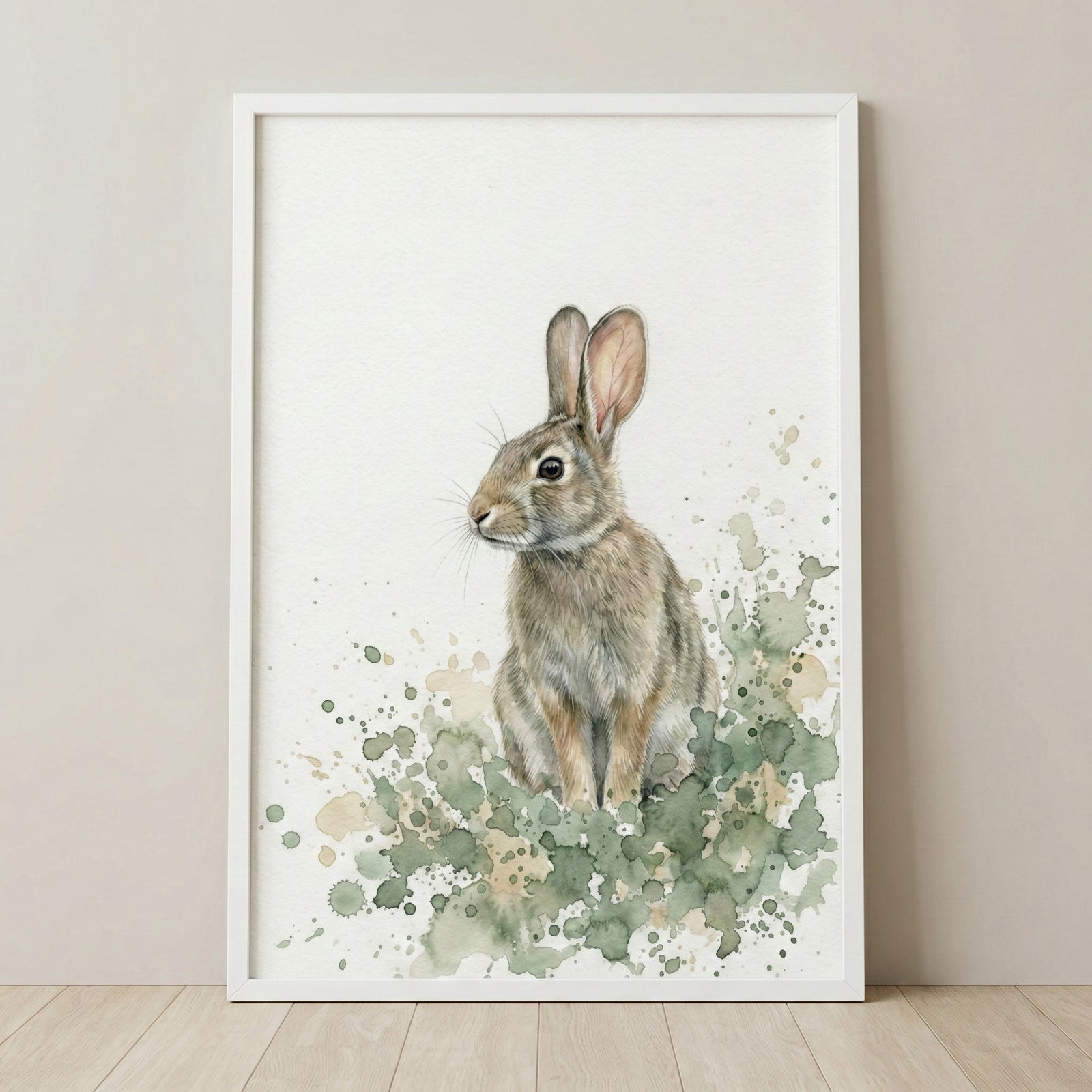 A white-framed watercolor painting of a rabbit surrounded by green splashes, resting on a light wood floor.