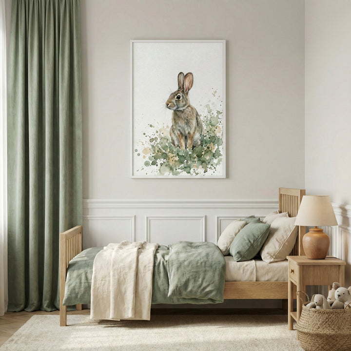 Framed watercolor rabbit art hanging in a cozy bedroom with sage green curtains and a matching bedspread.